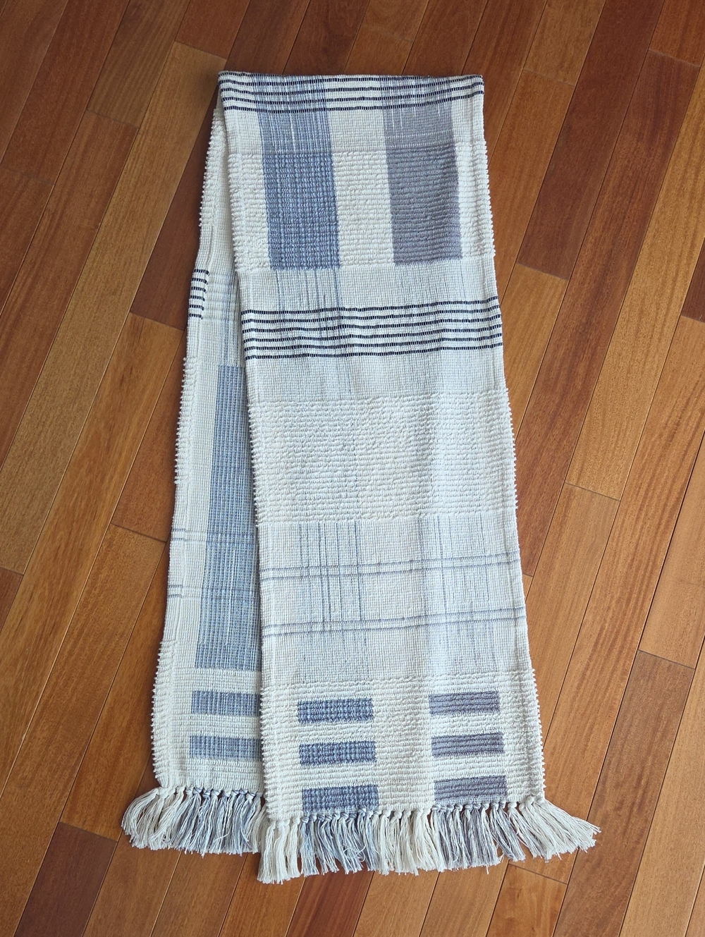 Tahari Cream, Light Blue, and Gray Woven Fringe Runner